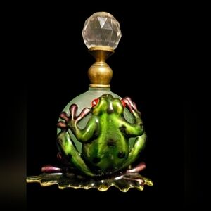 Kubla Crafts Bejeweled Baked Enamel Frog Perfume Decanter Dart Frog GlassCrystal